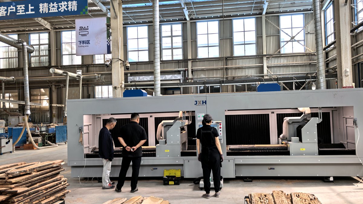 JXH AI solid wood cutting machines operating in a furniture factory